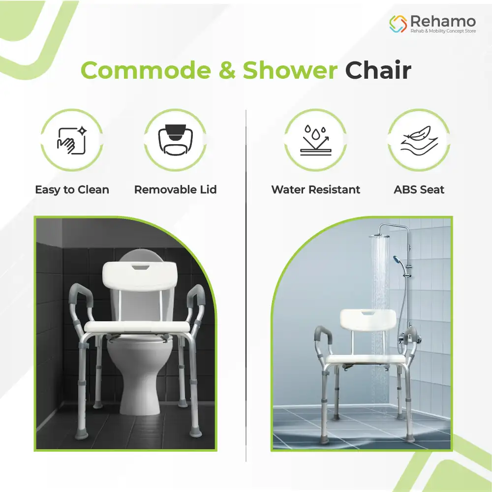 Rehamo Shocom WBA Aluminium Frame Height Adjustable Bath Chair Commode  Chair with Removable Bin, Waterproof Backrest Seat for Men/Women/Old Age 