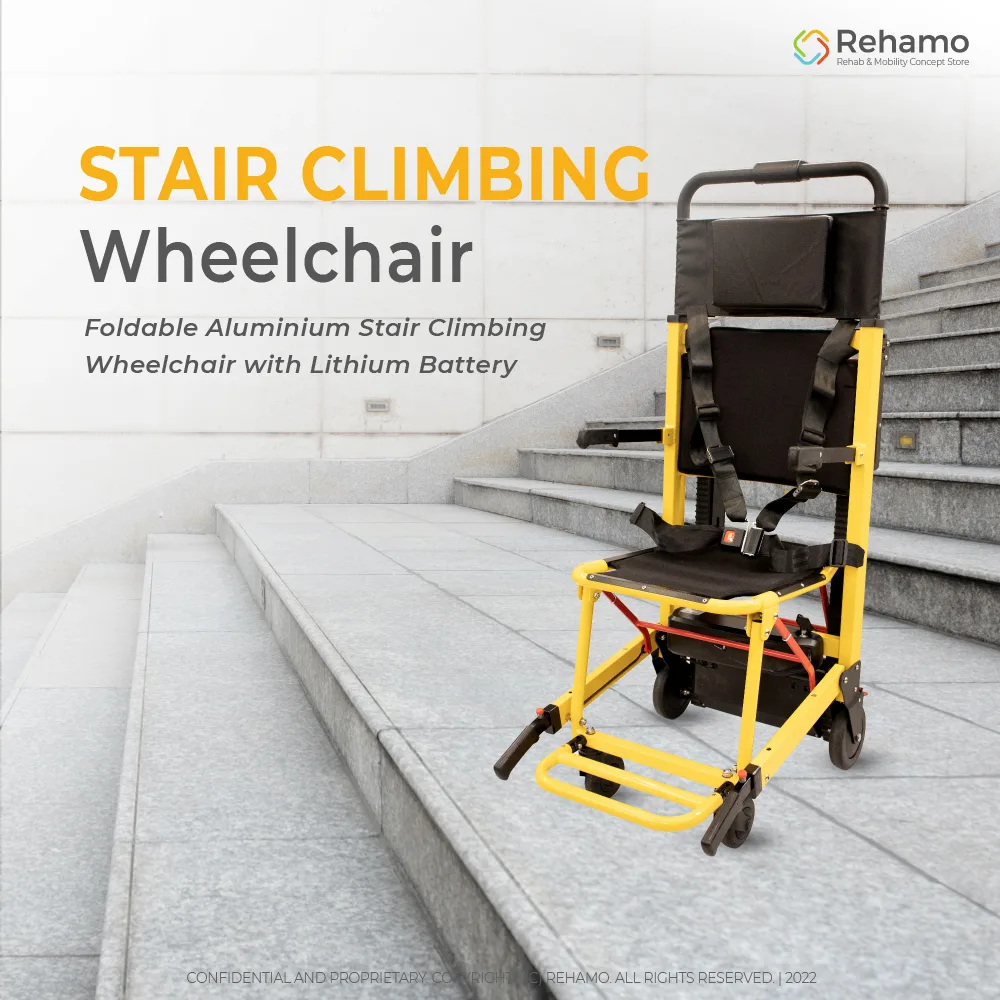 Rehamo Stair Climbing Wheelchair Foldable Aluminium Frame, Adjustable  Handlebar, Lithium Battery, Motorized Stair-Tread System, Safety X-Belt  Option,